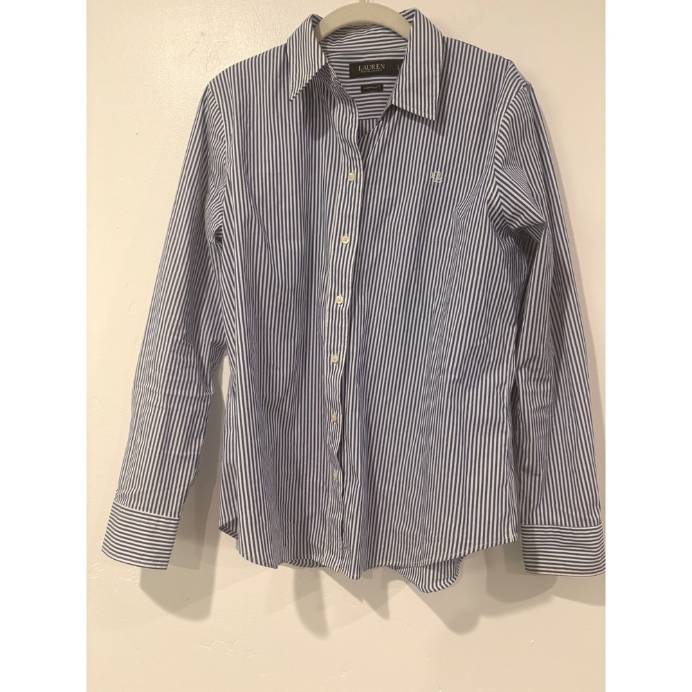 Lauren Ralph Lauren Purepress Blue White Striped Button Down Shirt Womens Large